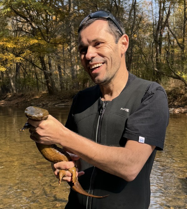 Dr. Viorel Popescu holding a hellbender