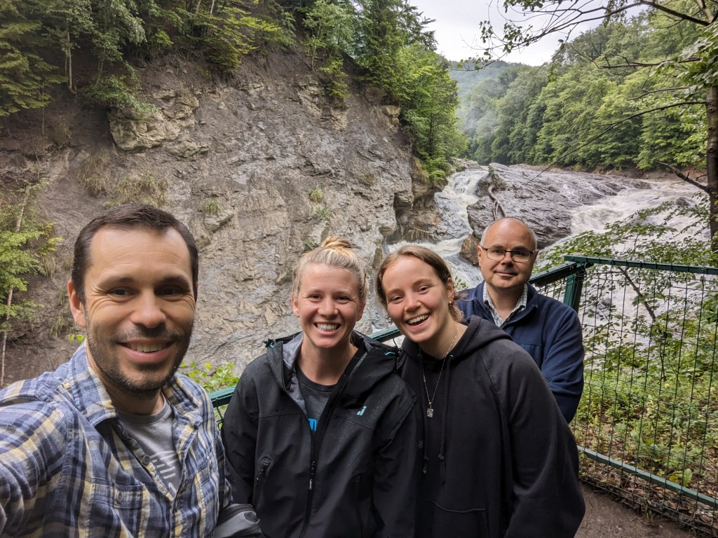 (left to right) Viorel Popescu, Marissa Dyck, Lucy Holland and Laurentiu Rozylowicz... at Putna Falls, Lepsa, Vrancea